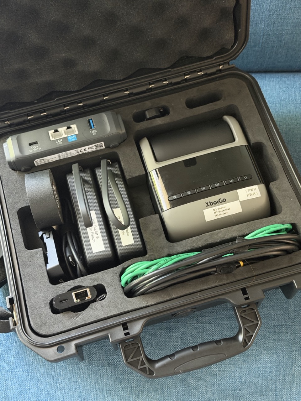 The KSKI kit packed in its hard case: XbotGo Falcon, Slate 7 router, power banks and cables in cut foam